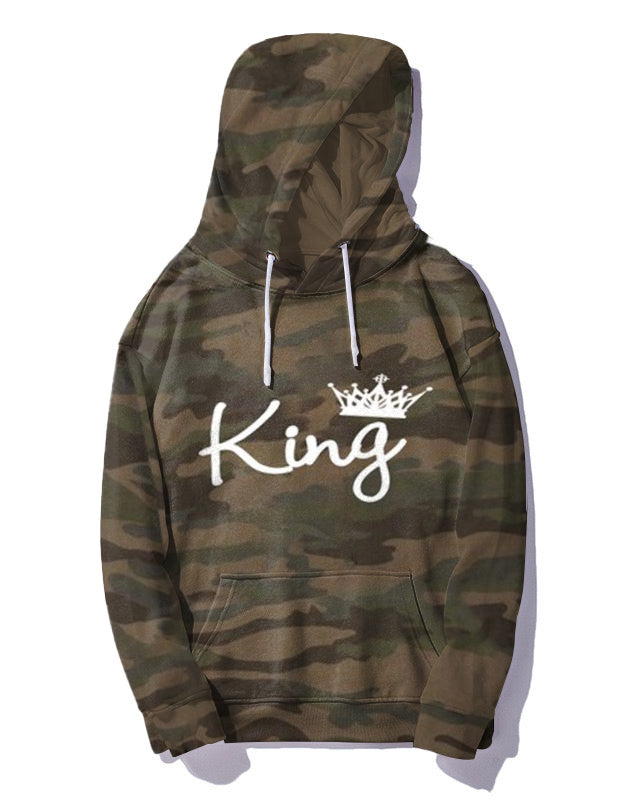 Couple Big and Tall Casual Outfit Camouflage Graffiti King Queen Hoodie Set