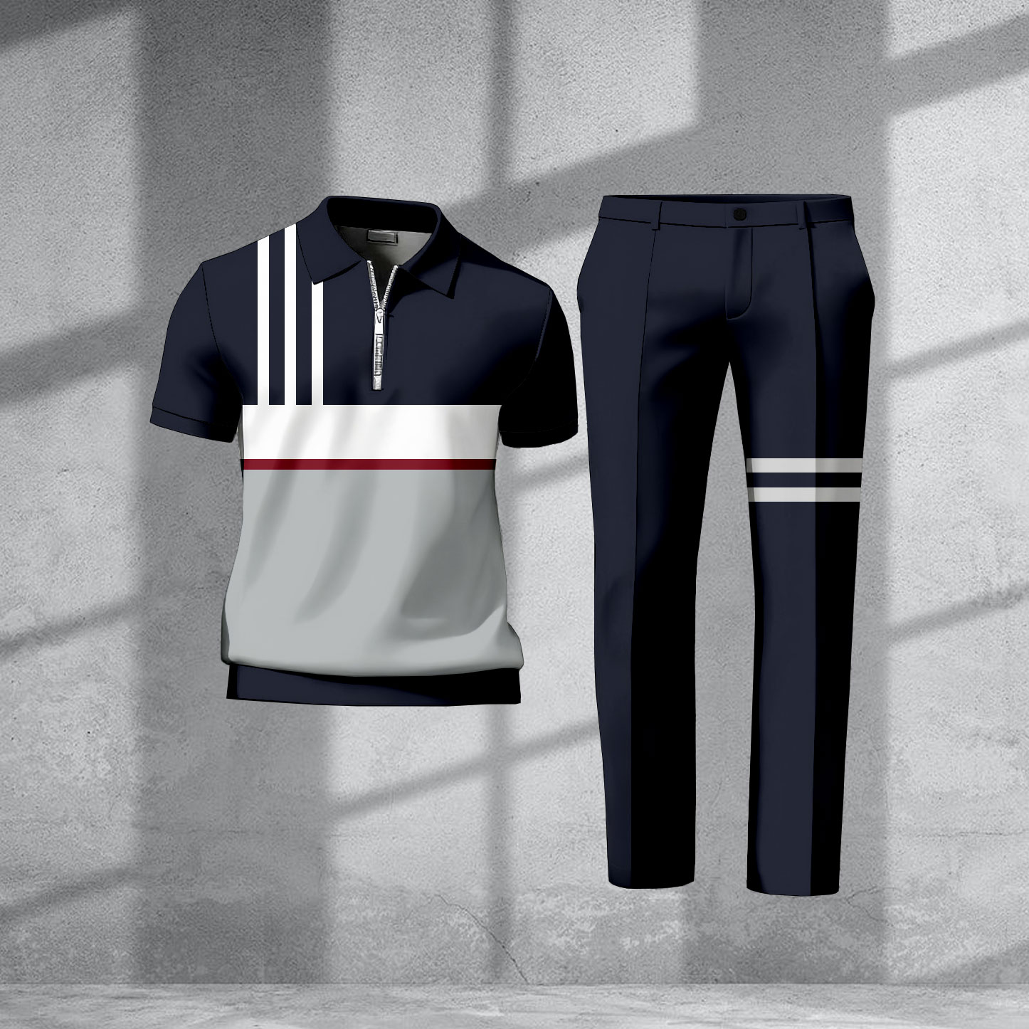 Men's Casual Navy Blue & Beige Color Geometric Matching Printed Zipper Short Sleeved Polo Shirt & Trousers Two-Piece Set