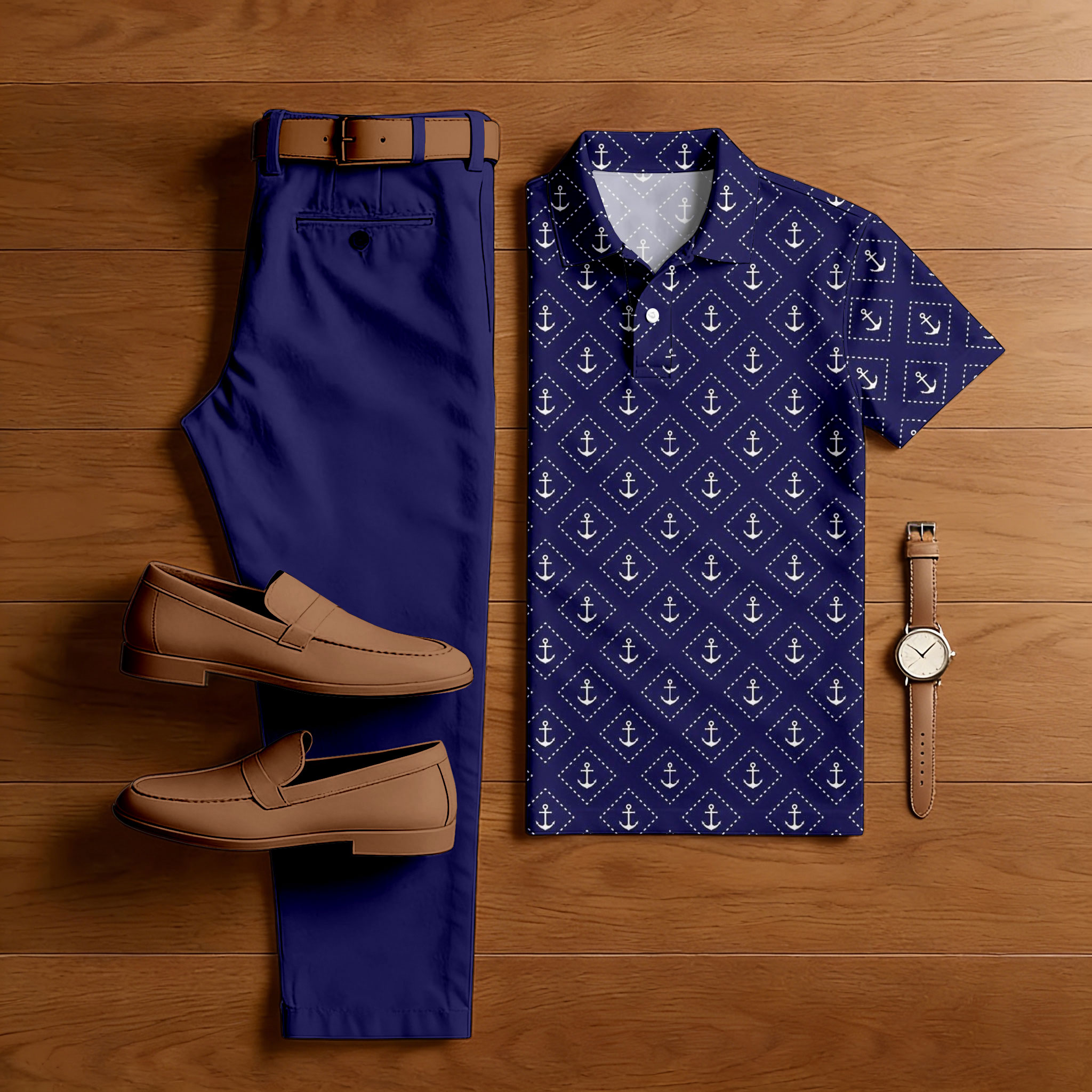 Men's Casual Purple Color Matching Checkered Printed Short Sleeved Polo Shirt & Trousers Two-Piece Set