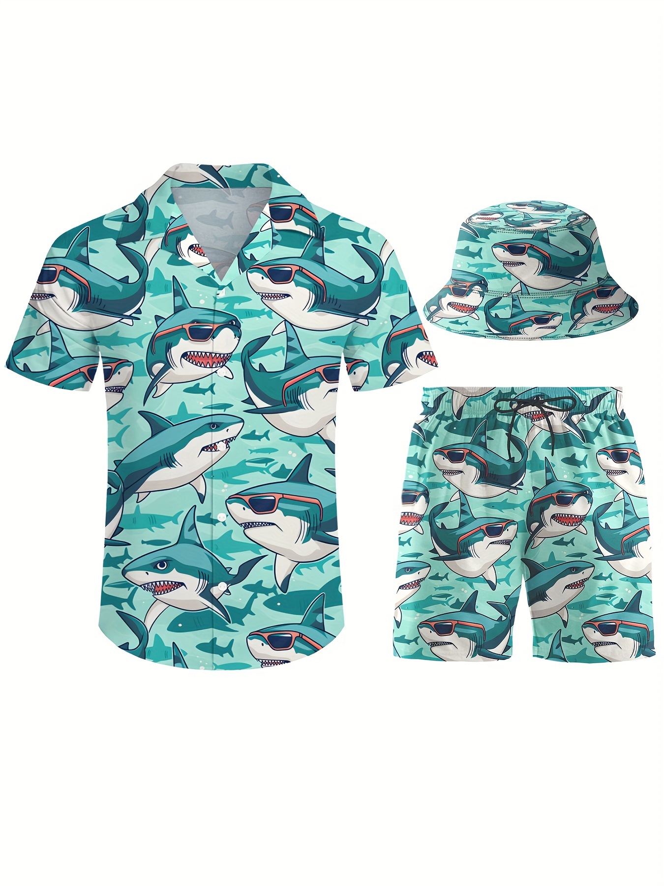 3pcs Men's Hawaiian Blue & Shark Printed Short Sleeves Shirt & Short & Fisherman's Hat