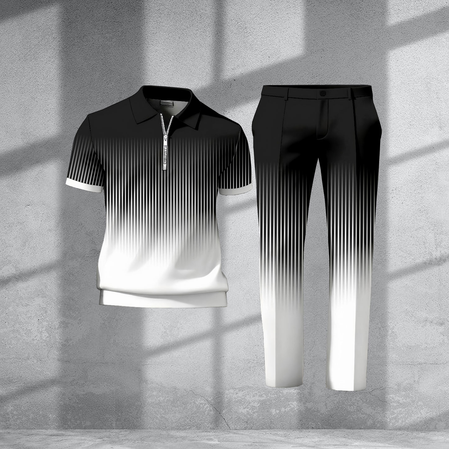 Men's Casual Black & White Color Matching Gradient Printed Zipper Short Sleeved Polo Shirt & Trousers Two-Piece Set