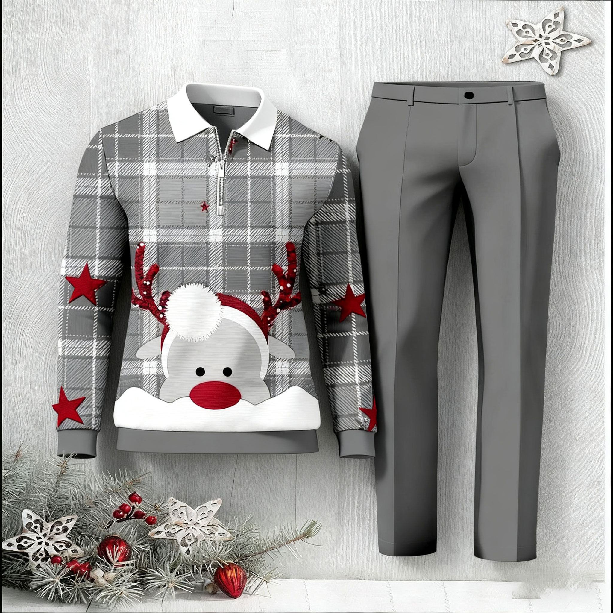 Men's Christmas Color Matching Printed Polo-Collar Zipper Long Sleeved Trousers Two-Piece Set 1204