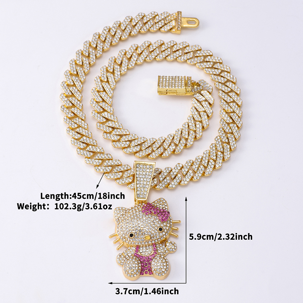 3D Animal Cat Pendant Zinc Alloy Full Diamond Oil Drop Hip Hop Cuban Chain Necklace
