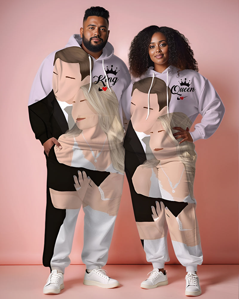 Couple Plus Size Couple Wedding Cartoon Pattern Crown Print Hoodie Set