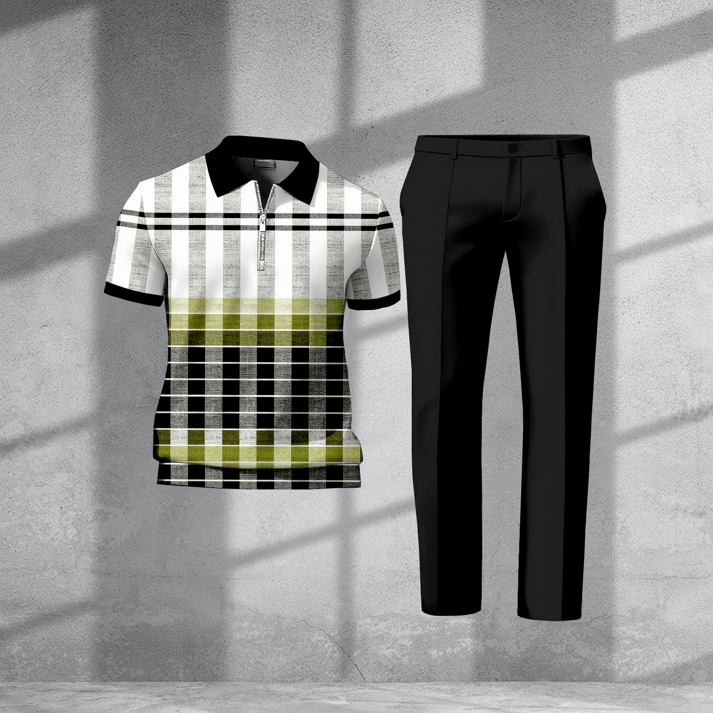 Men's Casual White & Black Color Matching Checkered Printed Short Sleeved Zipper Polo Shirt & Trousers Two-Piece Set