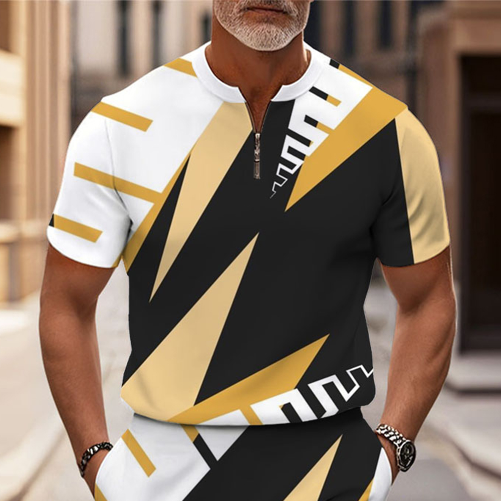 Men's Fashion Casual Round-Neck Geometric Printed Short-Sleeved Two-Piece Set
