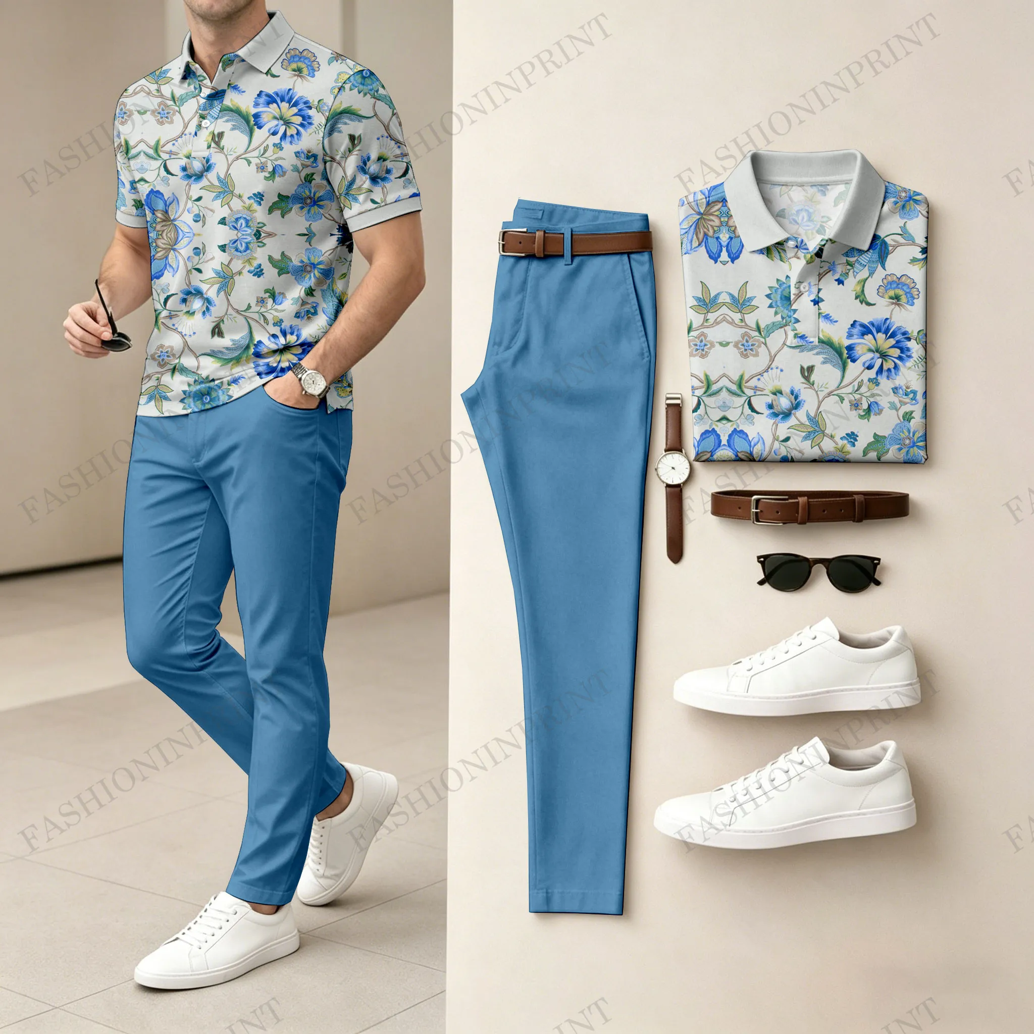 Men's Casual Floral-Print Short-Sleeve Polo Shirt And Pants Two-Piece Set 208332(Does Not Include Accessories Such As Watches Or Glasses)