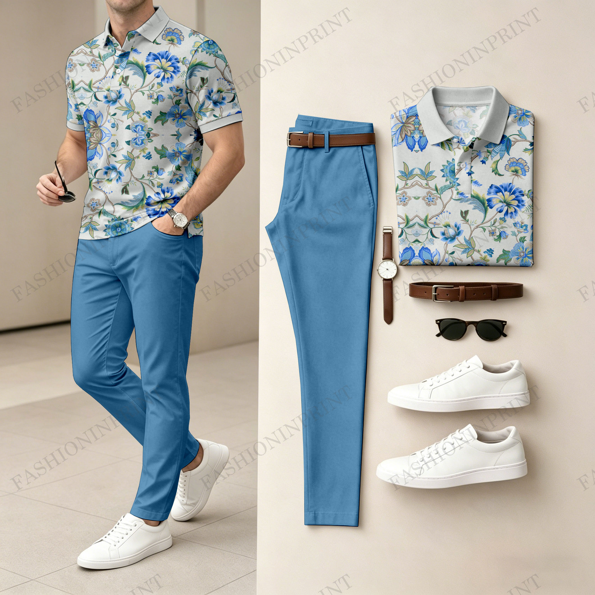 Men's Casual Floral-Print Short-Sleeve Polo Shirt And Pants Two-Piece Set 208332(Does Not Include Accessories Such As Watches Or Glasses)