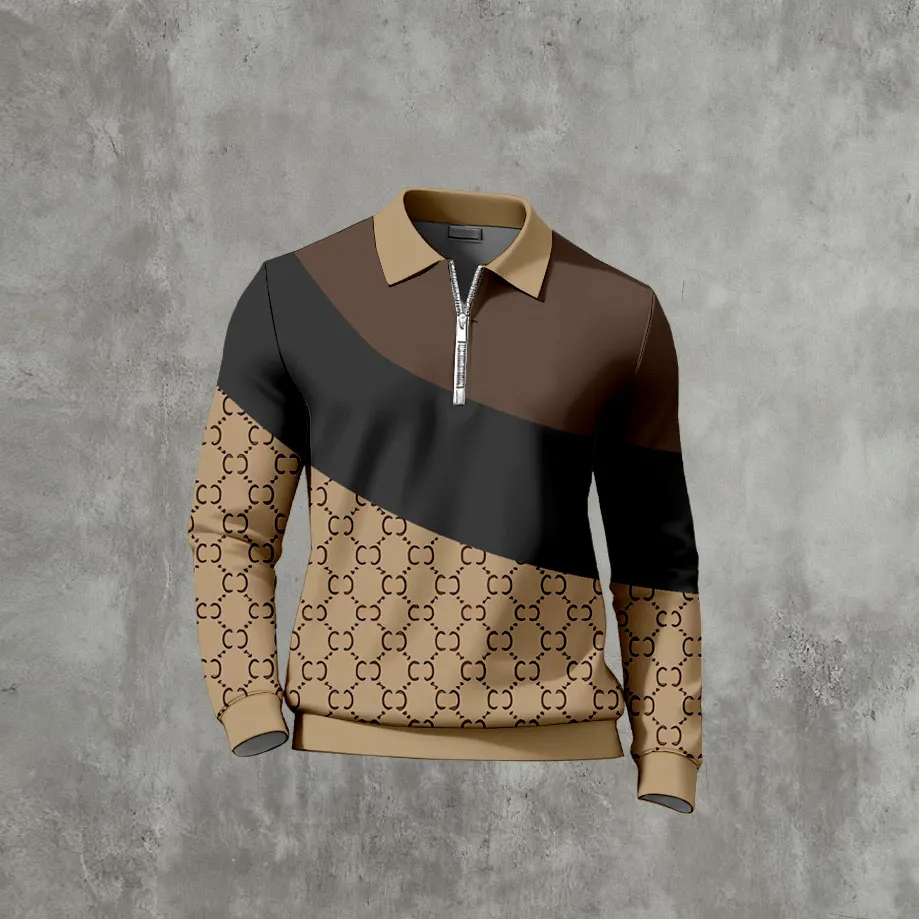 Men's Casual Color Matching Printed Polo-Collar Zipper Long Sleeved T-Shirts