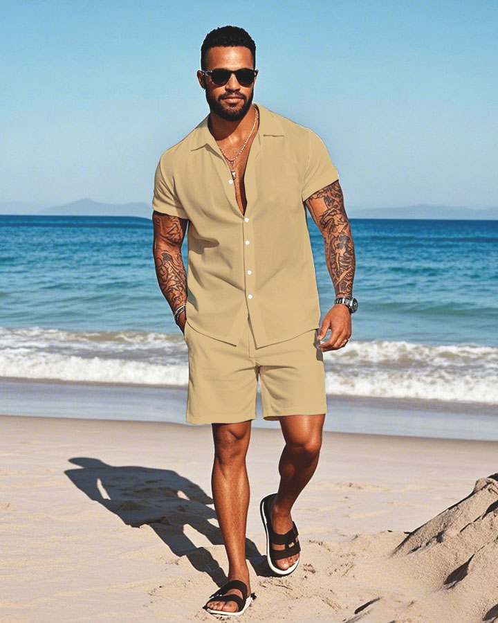 Men's Fashion Casual Lapel Collar Solid Color Short-Sleeved Two-Piece Set