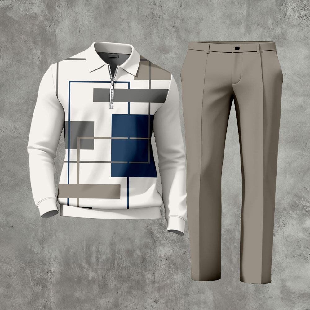 Men's Casual Color Matching Printed Polo-Collar Zipper Long Sleeved Trousers Two-Piece Set 1201