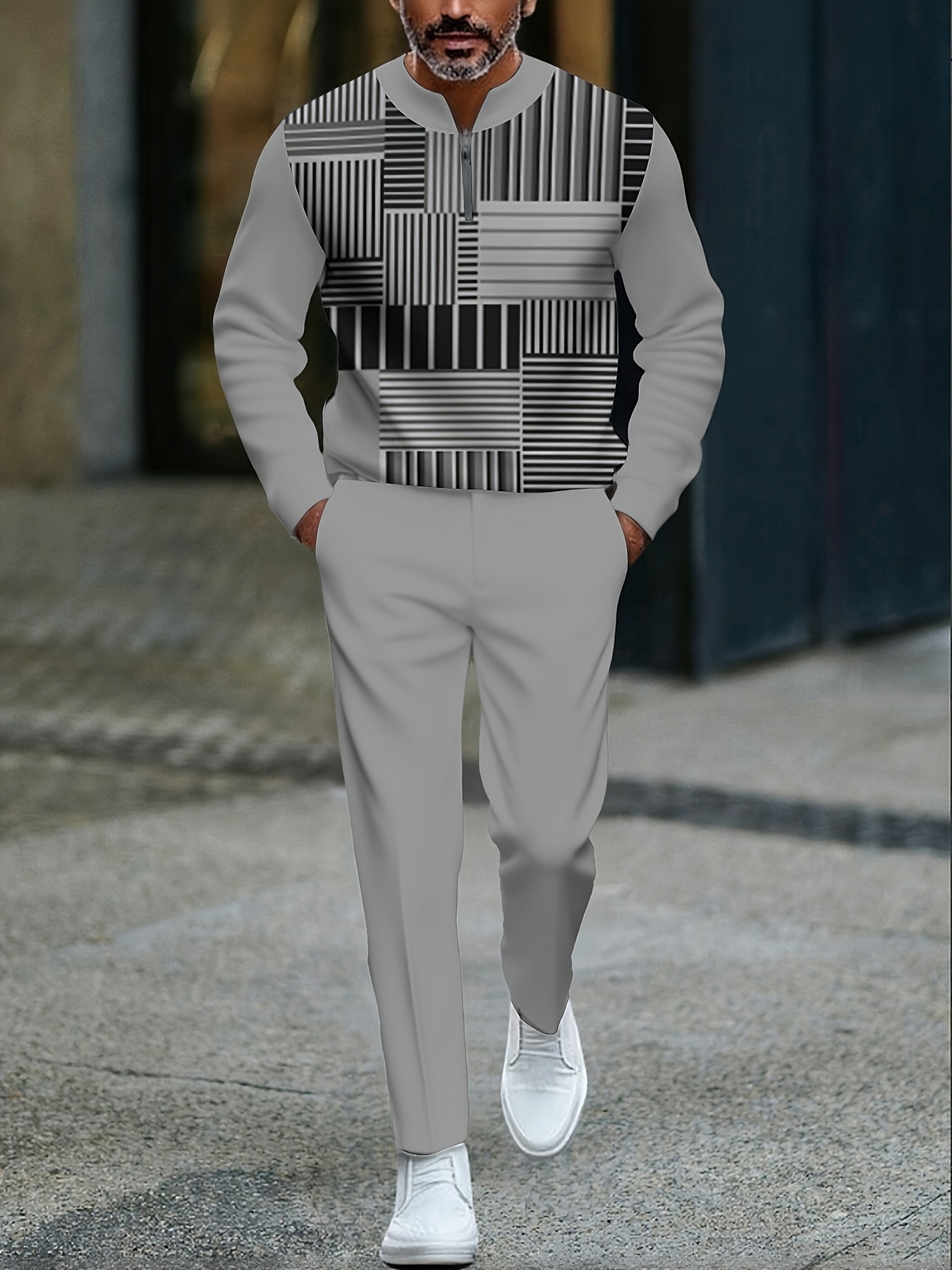 Men's Casual Color Matching Printed Round-Neck Zipper Long Sleeved Trousers Two-Piece Set 1218