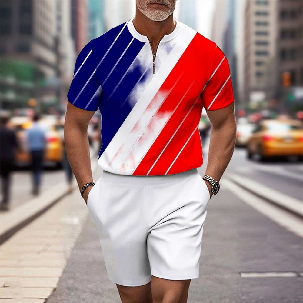 Men's Fashion Casual Round-Neck Geometric Printed Short-Sleeved Two-Piece Set