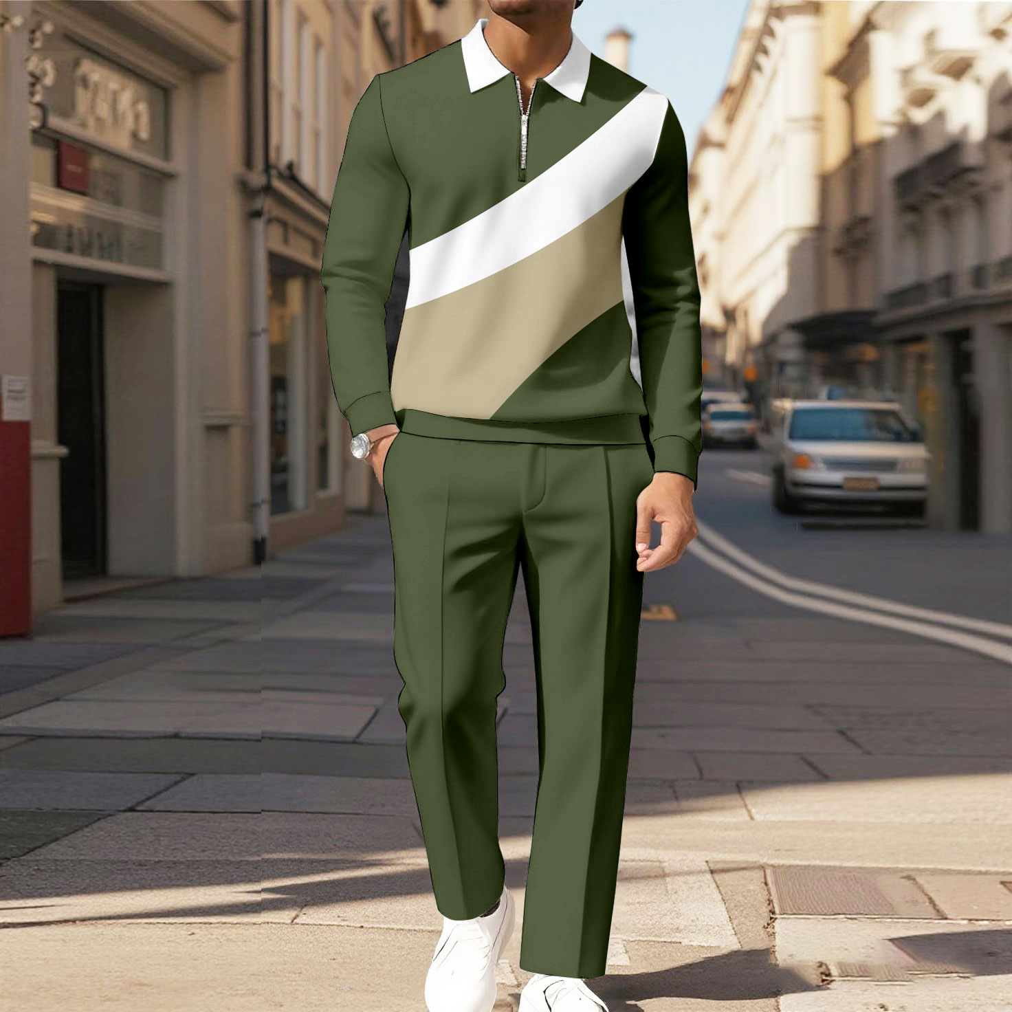 Men's Casual Color Matching Printed Polo-Collar Zipper Long Sleeved Trousers Two-Piece Set 1020