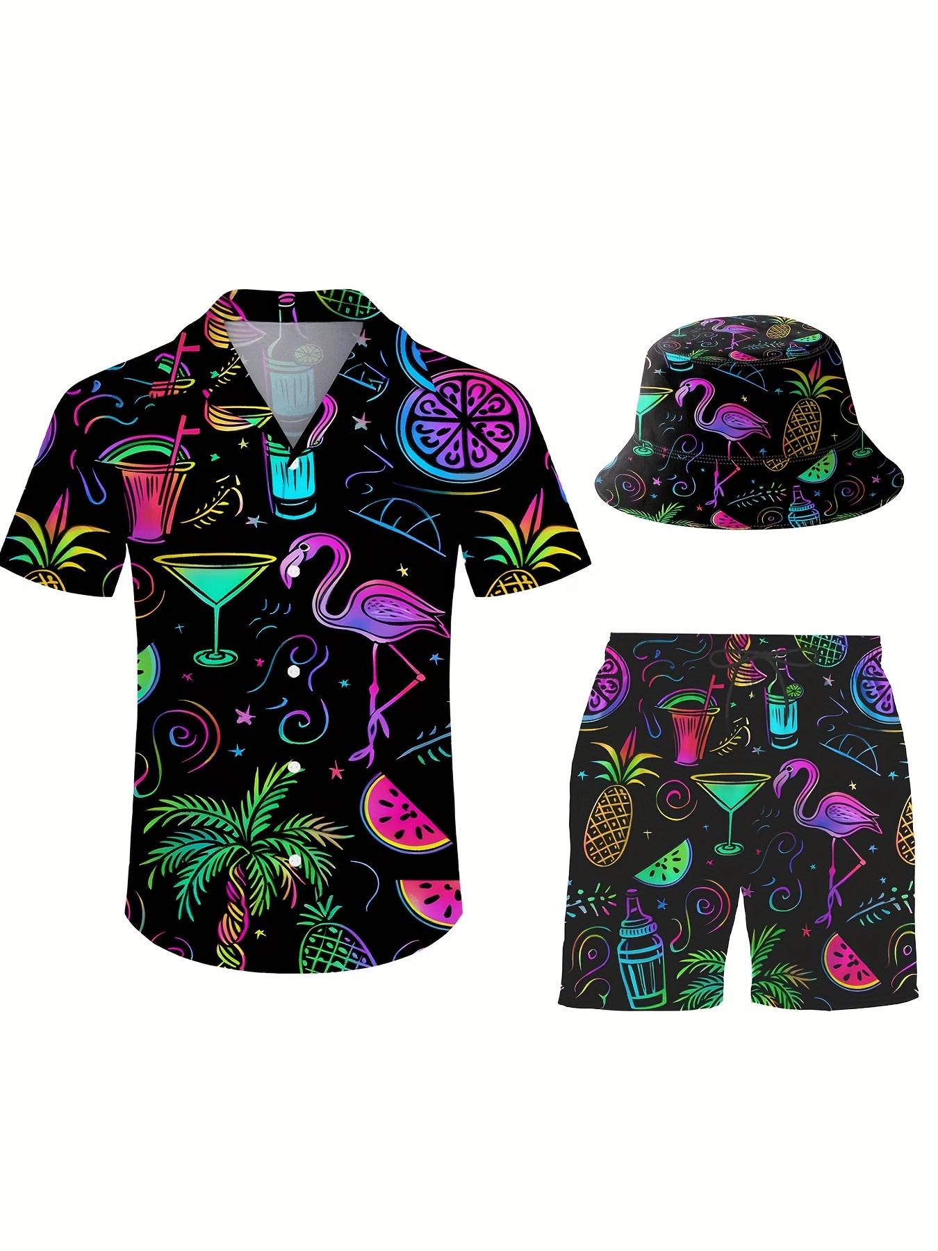 3pcs Men's Hawaiian Black Printed Short Sleeves Shirt & Short & Fisherman's Hat