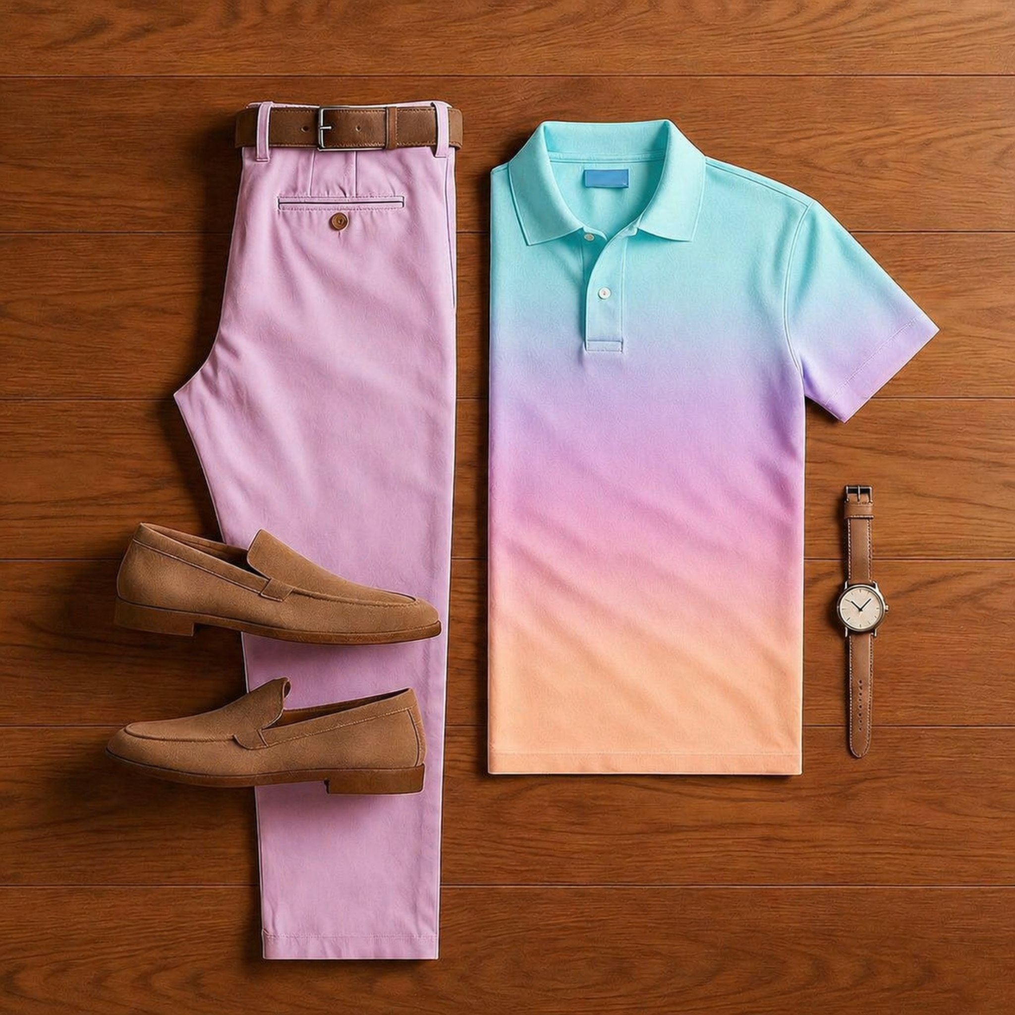 Men's casual blue-pink-yellow gradient print polo shirt and trousers two-piece set