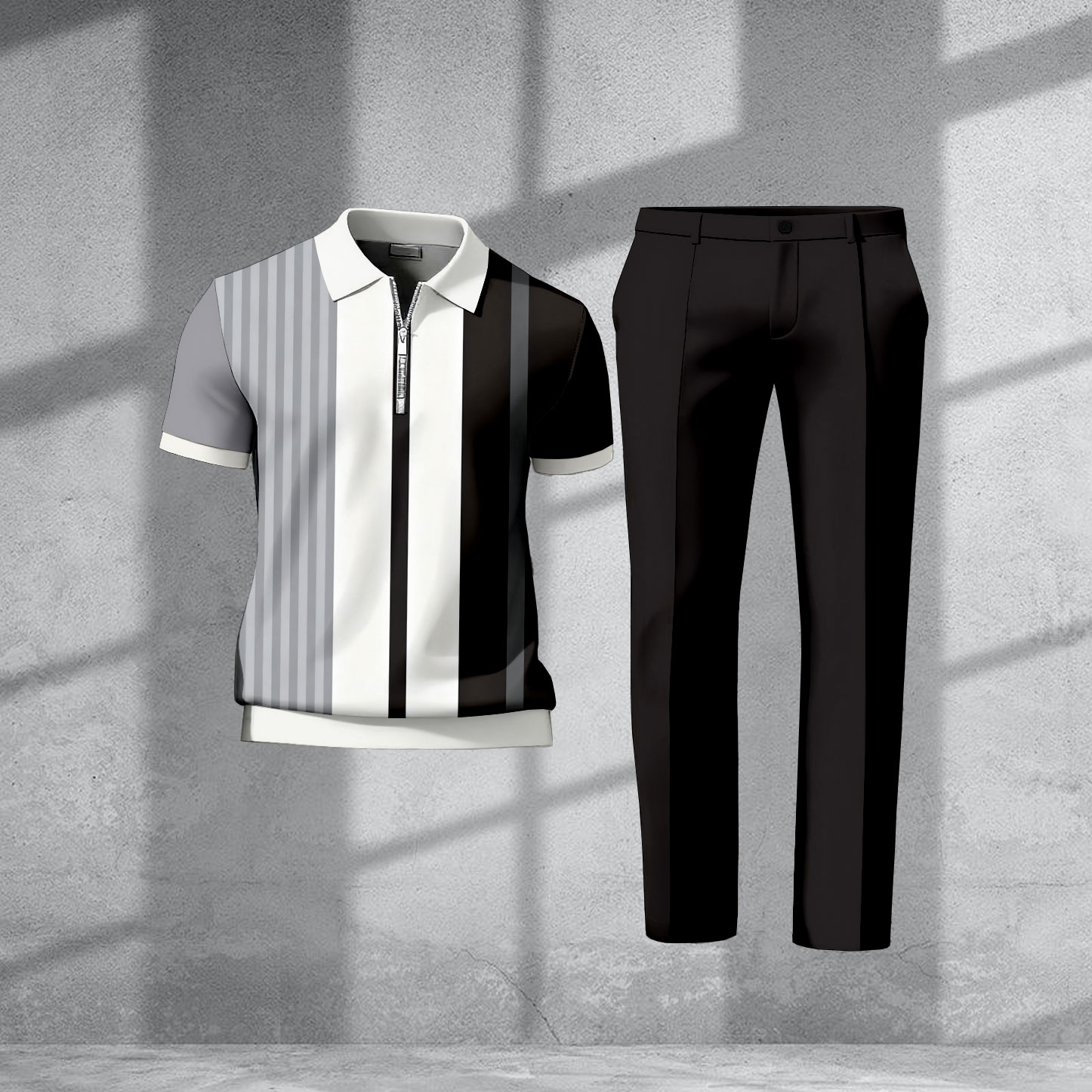 Men's Casual Black & White Color Matching Asymmetric Geometric Printed Zipper Short Sleeved Polo Shirt & Trousers Two-Piece Set