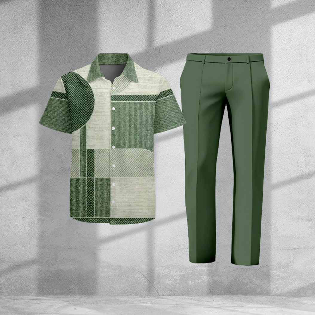 Men's Casual Retro Geometric Print Short-Sleeve Shirt And Pants Two-Piece Set