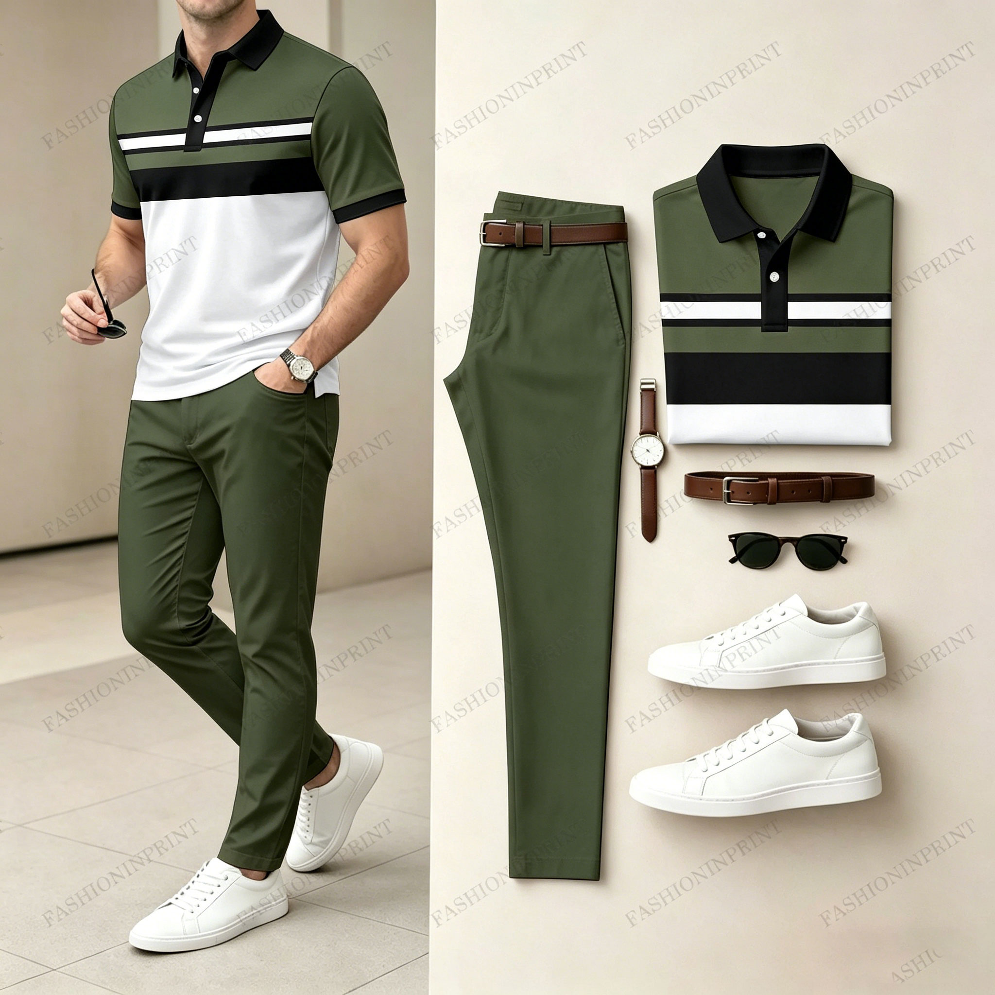 Men's Casual Khaki Geometry Printed Polo Shirt And Pants Two-Piece Set