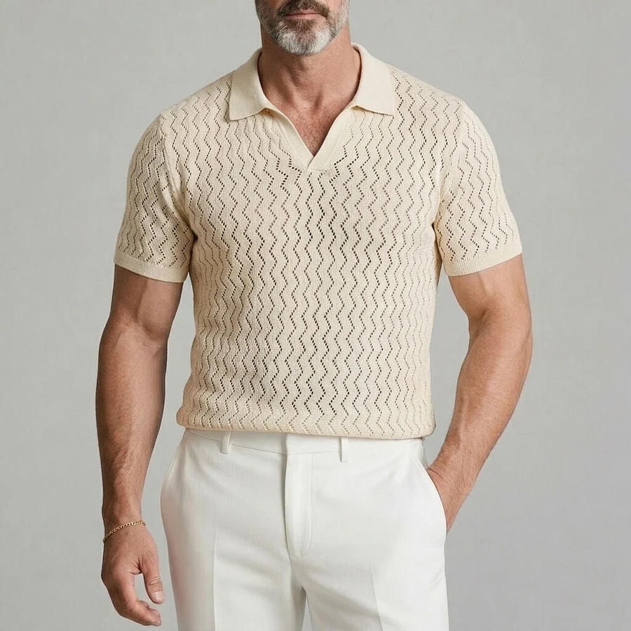 Men's Beige Wave Texture Hollow Out Turndown Collar Casual Polo Shirt