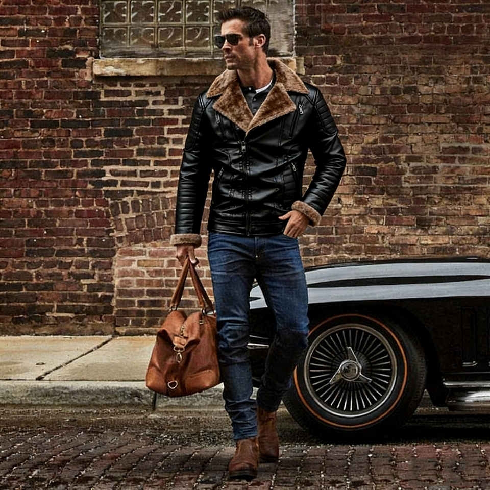 Men's Motorcycle Jacket Plush Leather Jacket