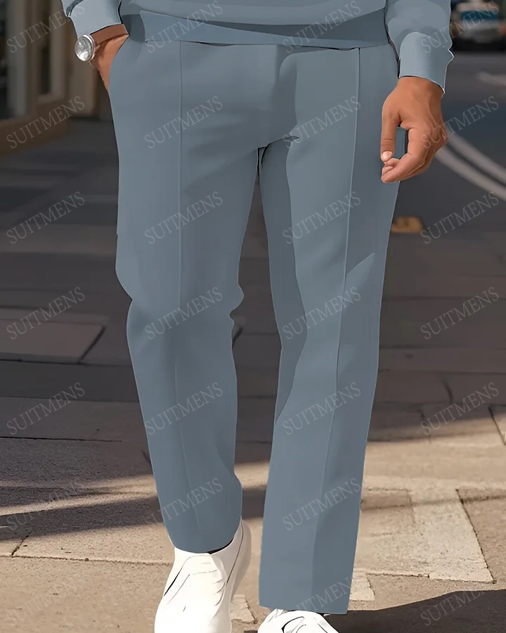 Men's Simple Retro Stripes Grey Blue Khaki Stripes Color Block Printed POLO Long-sleeved Trousers Two-piece Set