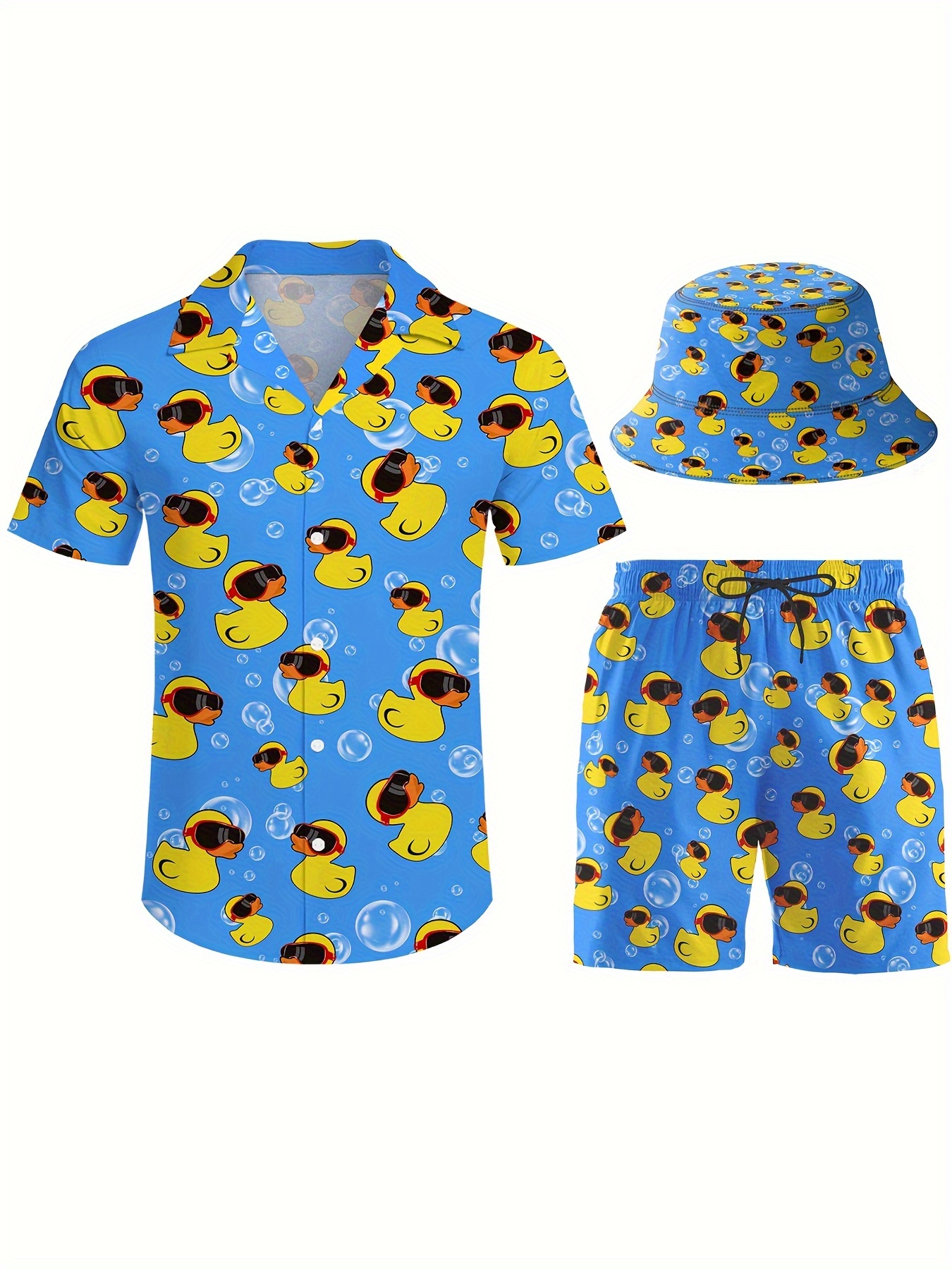3pcs Men's Hawaiian Blue & Yellow Duck Printed Short Sleeves Shirt & Short & Fisherman's Hat