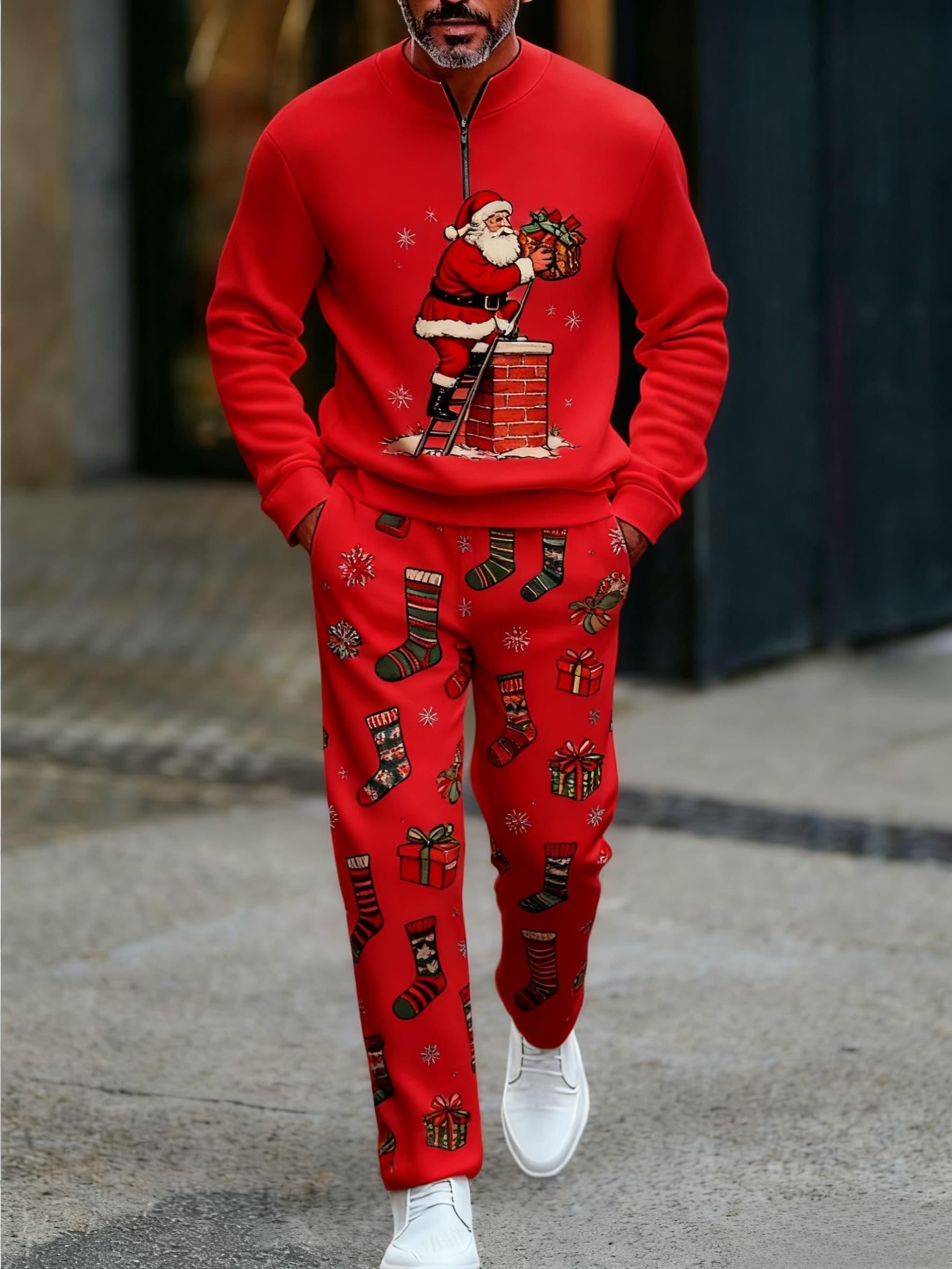 Men's Christmas Printed Round-Neck Zipper Long Sleeved Trousers Two-Piece Set