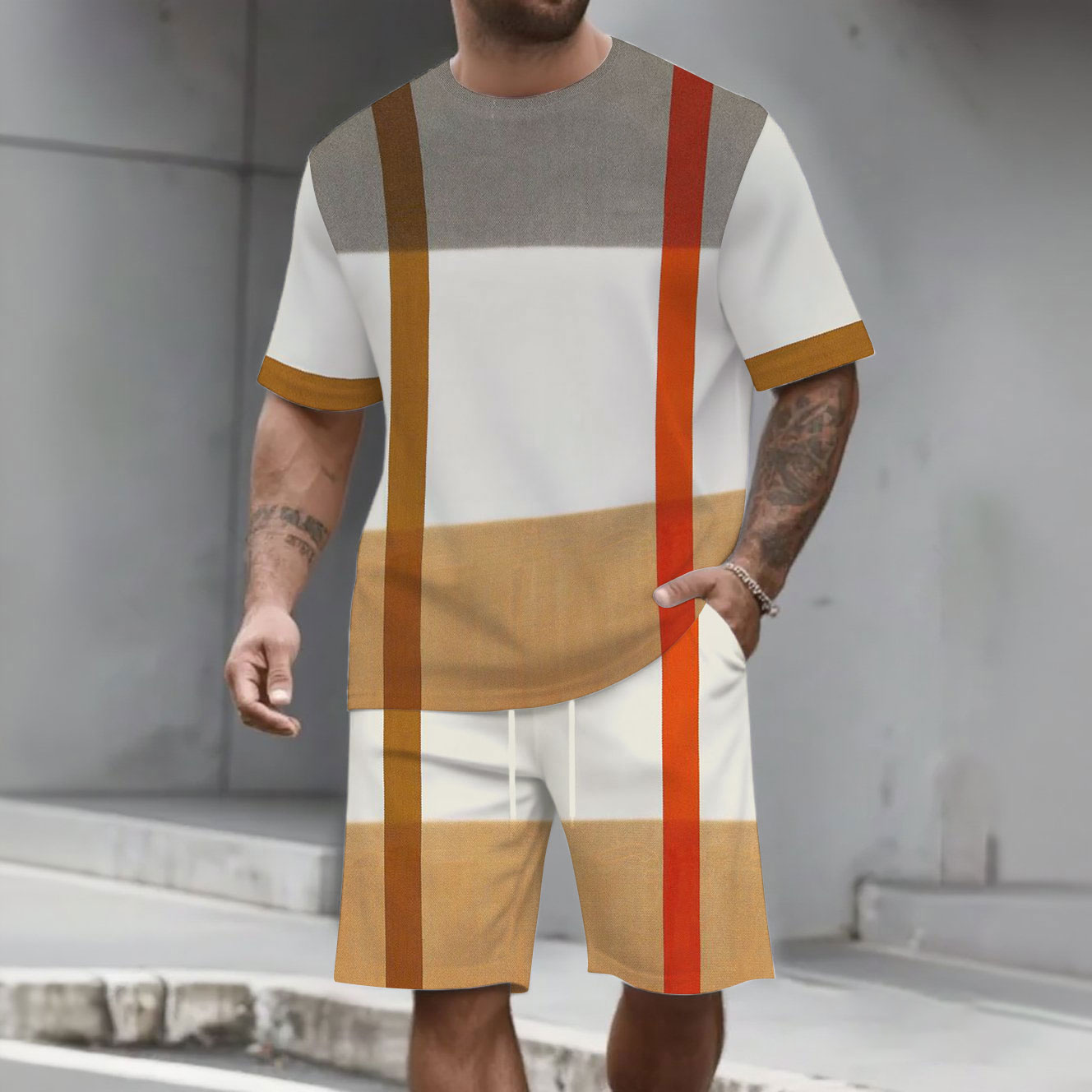 Men's Fashion Casual Color Matching Printed Short-Sleeved Two-Piece Set