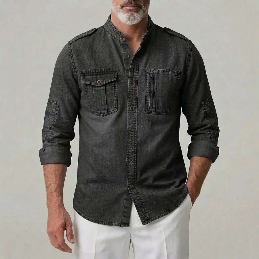 Men's Casual Solid Buttons Utility Pockets Stand Collar Black Long Sleeve Shirt