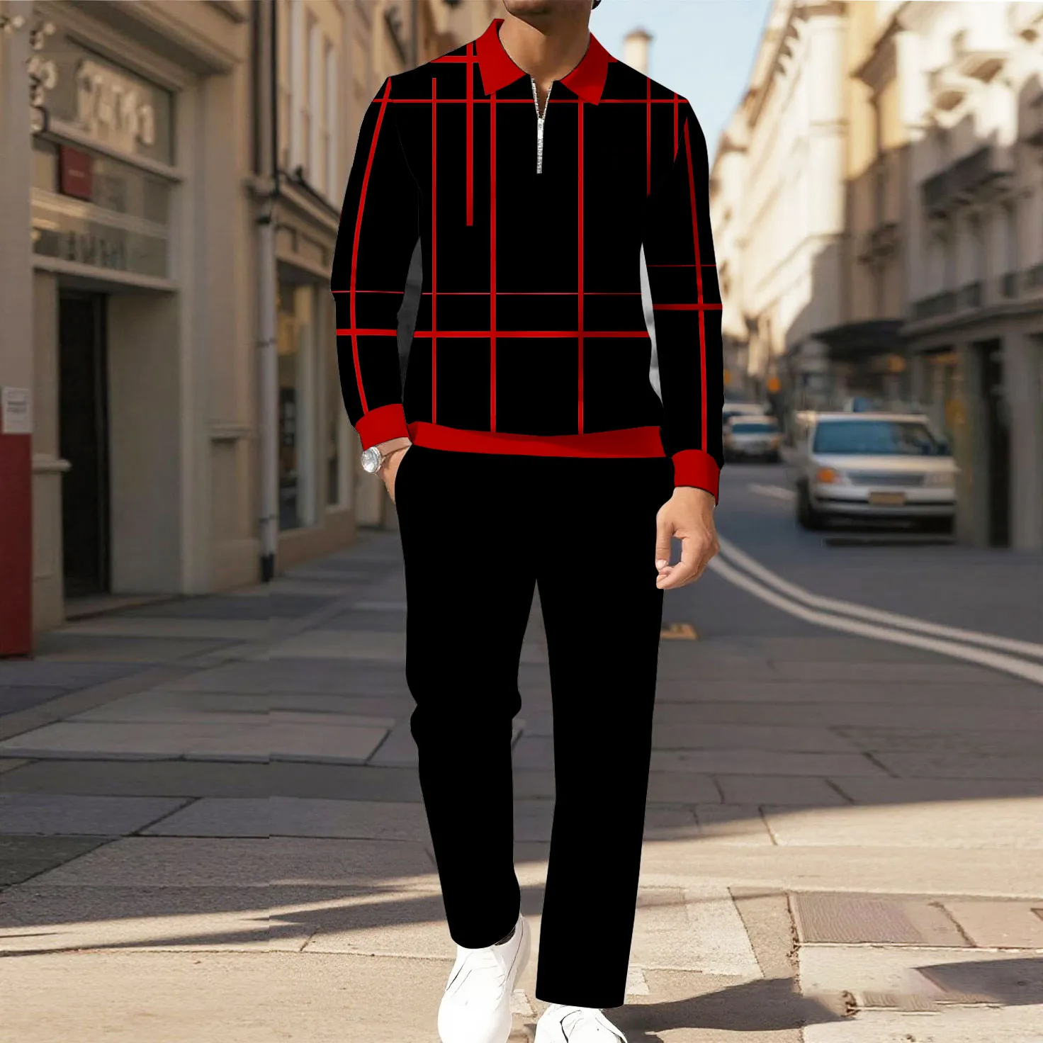 Men's Casual Color Matching Printed Polo-Collar Zipper Long Sleeved Trousers Two-Piece Set 1014