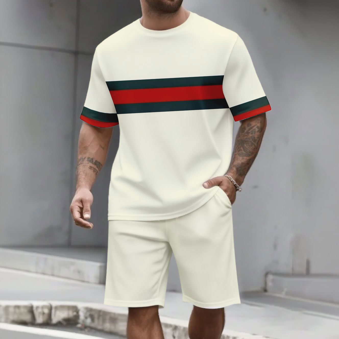 Men's Fashion Casual Color Matching Printed Short-Sleeved Two-Piece Set