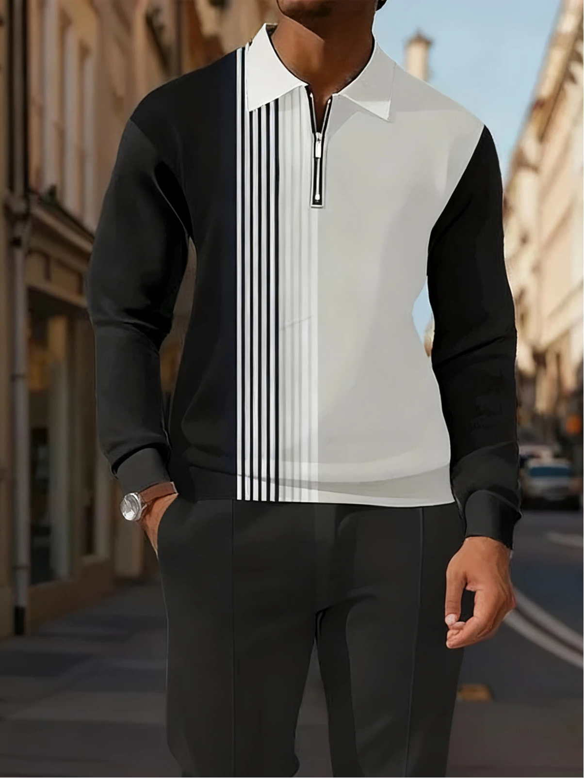 Men's Simple Stripe Khaki Black Contrast Color Block King Printed POLO Long-sleeved Trousers Two-piece Set