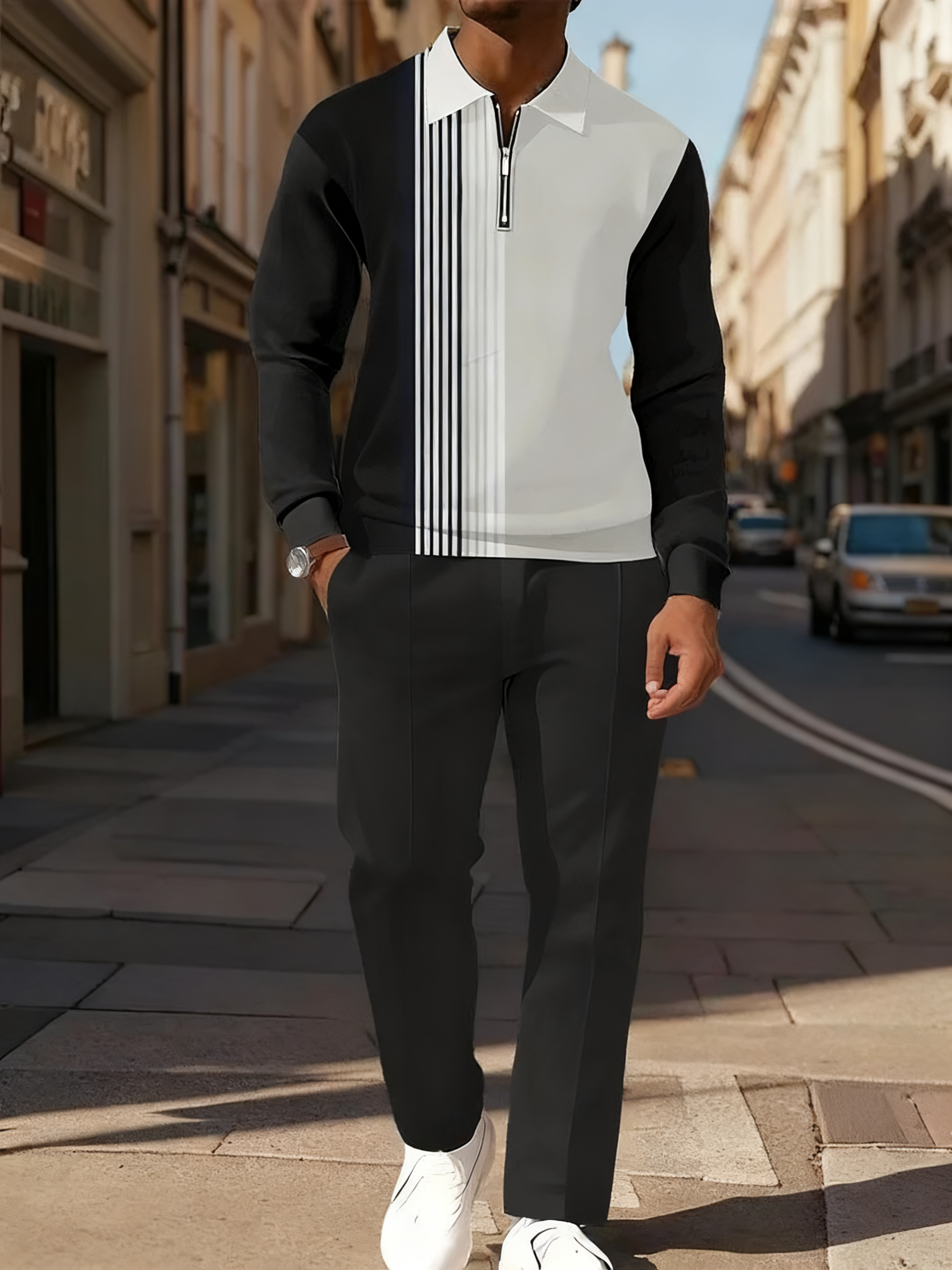 Men's Simple Stripe Khaki Black Contrast Color Block King Printed POLO Long-sleeved Trousers Two-piece Set