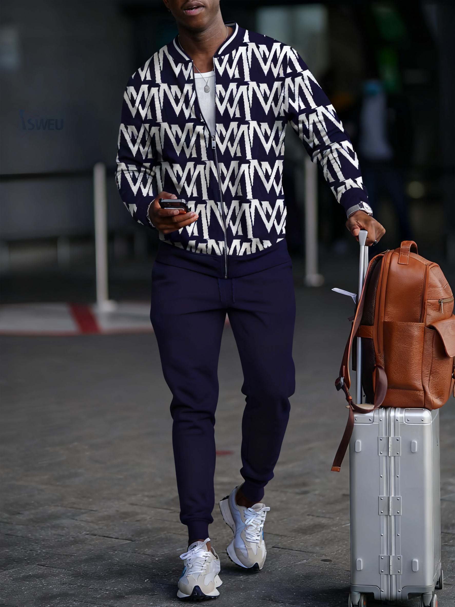 Men's fashion casual geometric print zipper jacket set