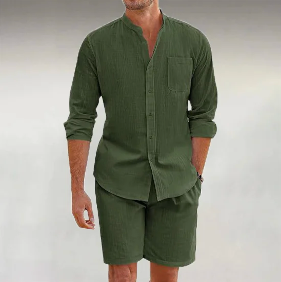 Men's Solid  Color Long Sleeves Shirt & Shorts Two Pieces Set