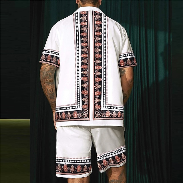 Men's Floral Print Totem Ethnic 2pcs Shirts Sets Summer Hawaiian Shirt Short Sleeve Short Pants Cuban Collar Fashion Streetwear Hawaiian Outdoor Street Daily Print Summer Spring White