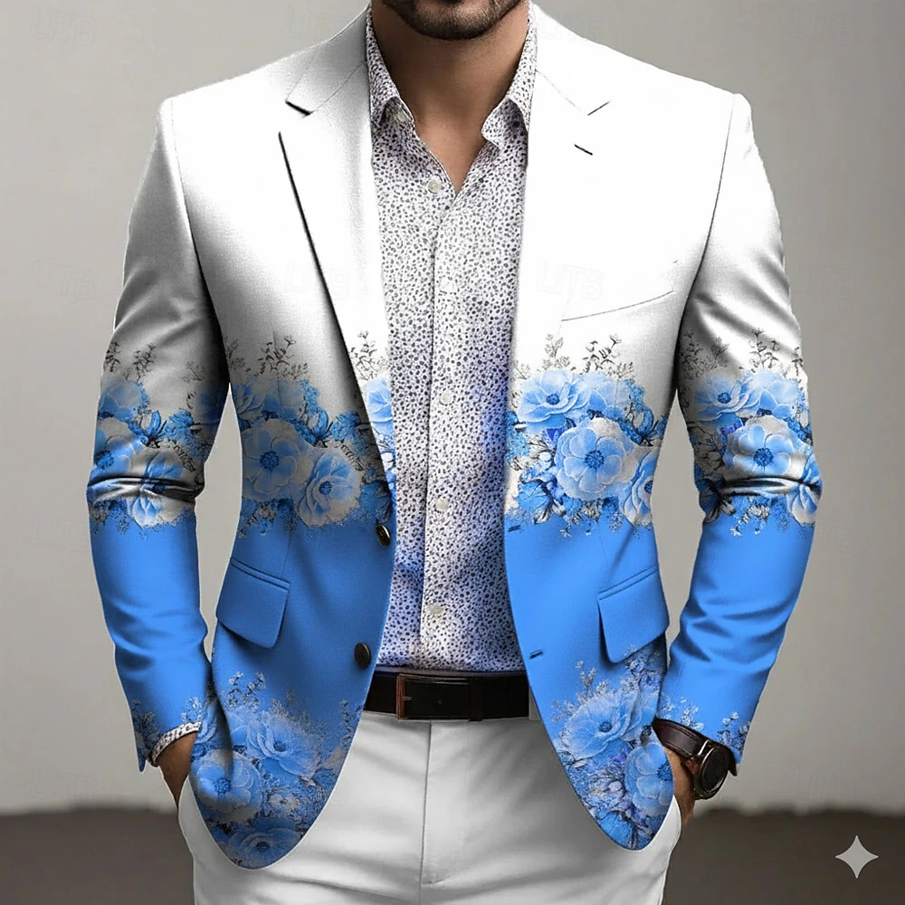  Men's Floral Print Blazer Jacket Coat Fashion Comfortable Breathable Artistic Casual Daily Party Evening Wear Causal 3D Print Buttons Multi Pocket Fall & Winter Spring Notch Long Sleeve Blue Pink