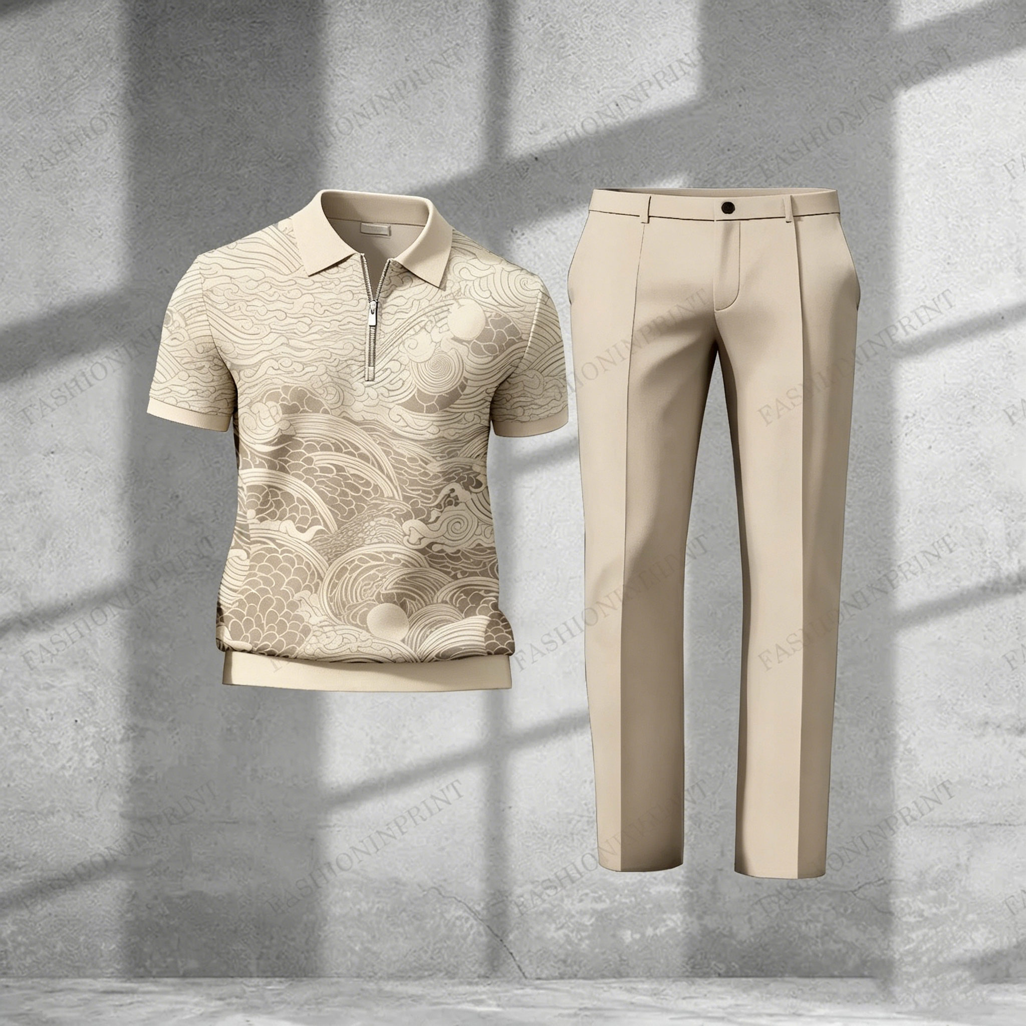 Men's Casual Blue Floral Short-Sleeved Half-Zip Polo Shirt And Blue Trousers Two-Piece Set