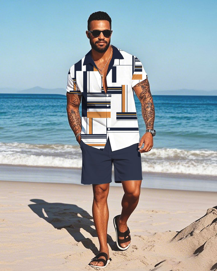 Men's Fashion Casual Lapel Collar Geometric Printed Short-Sleeved Two-Piece Set