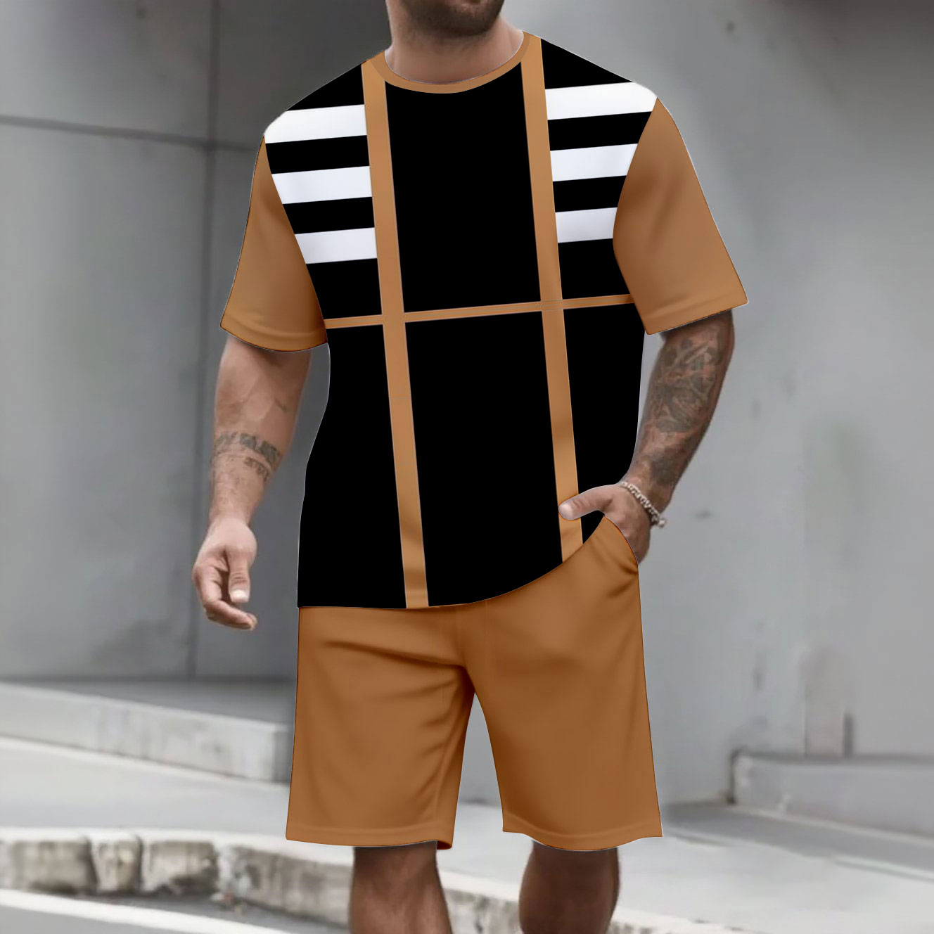 Men's Fashion Casual Color Matching Printed Short-Sleeved Two-Piece Set