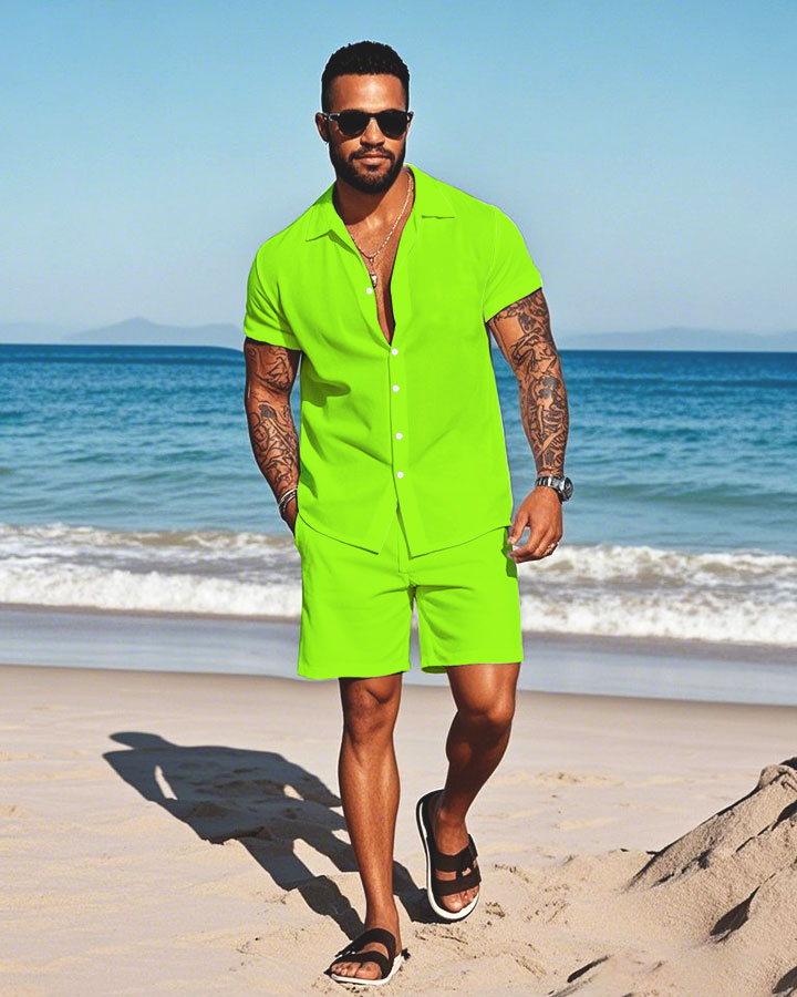 Men's Fashion Casual Lapel Collar Solid Color Short-Sleeved Two-Piece Set