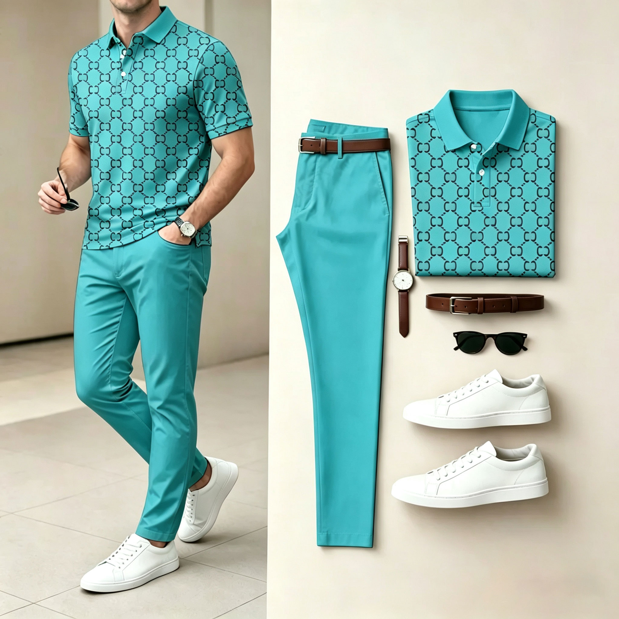 Men's Casual Brown Plaid Printed Polo Shirt And Pants Two-Piece Set 205063