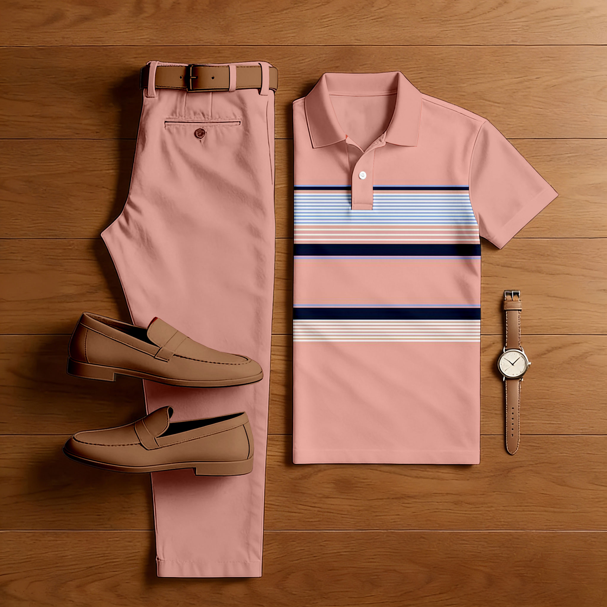 Men's Casual Pink & Blue Color Matching Striped Printed Short Sleeved Polo Shirt & Trousers Two-Piece Set