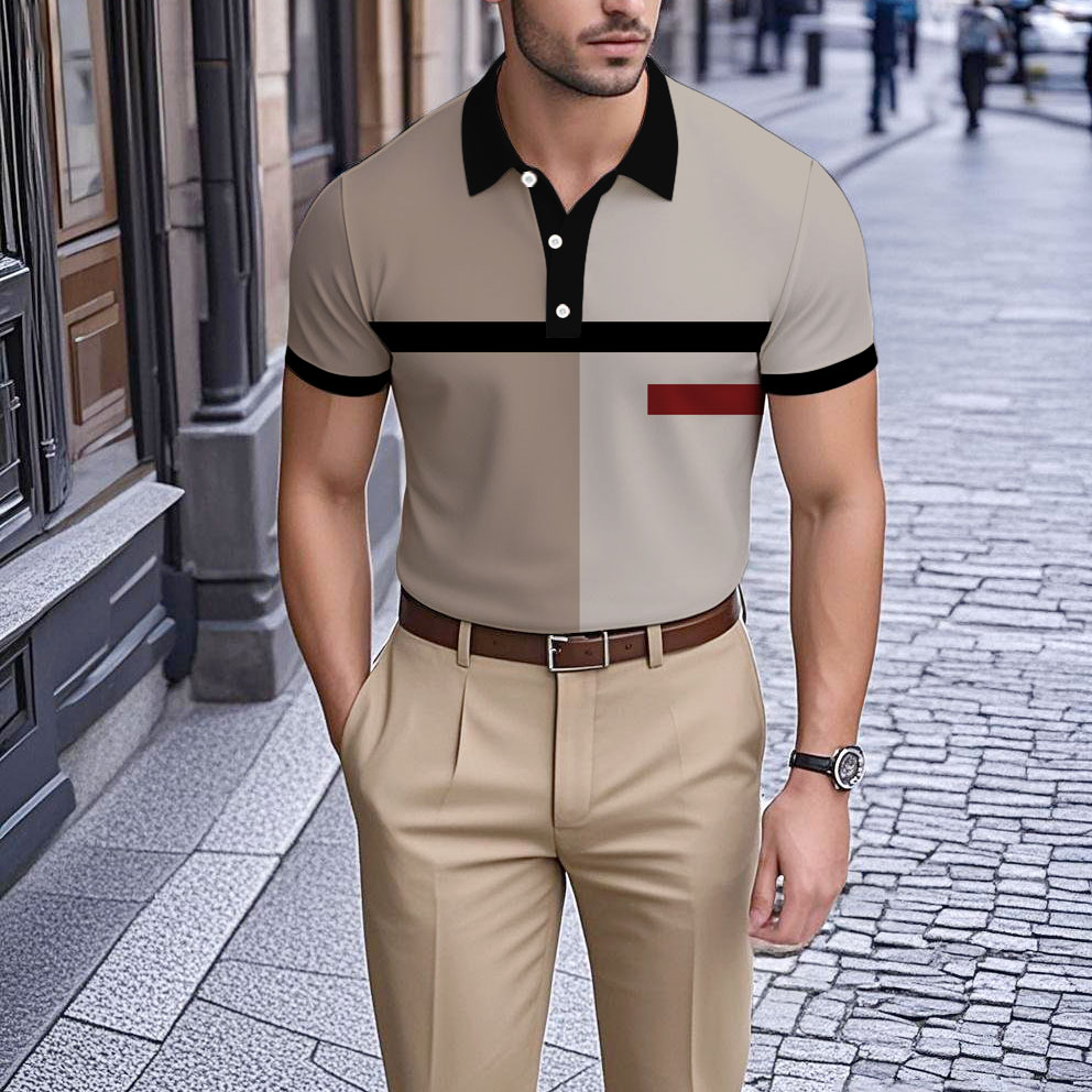 Men's Business Casual Polo Collar Geometric Printed Short-Sleeved Shirt