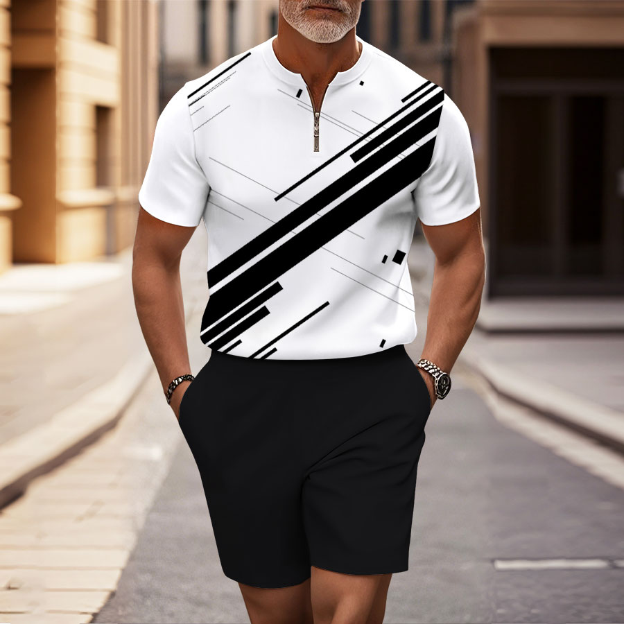 Men's Fashion Casual Round-Neck Geometric Printed Short-Sleeved Two-Piece Set 8291