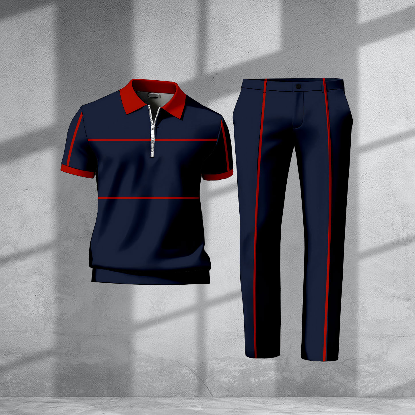 Men's Casual Navy Blue & Red Color Matching Striped Printed Zipper Short Sleeved Polo Shirt & Trousers Two-Piece Set