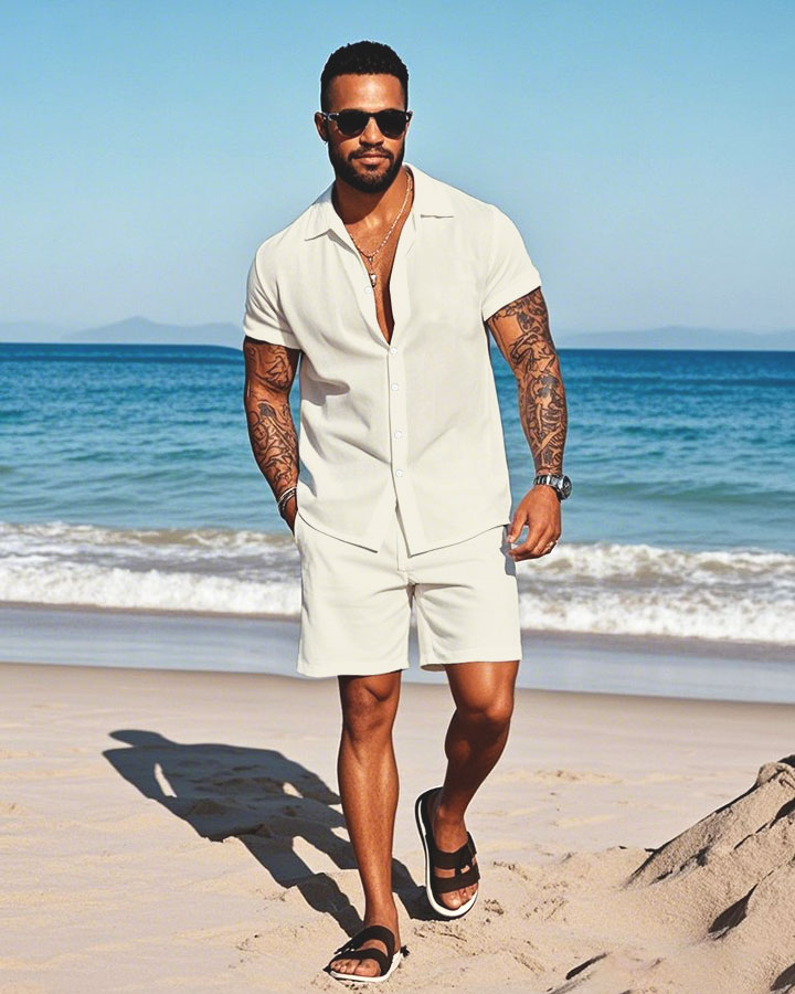 Men's Fashion Casual Lapel Collar Solid Color Short-Sleeved Two-Piece Set