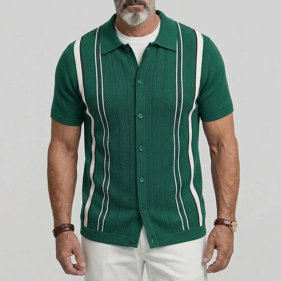Men's Green Herringbone Pattern Knit Single Breasted Short Sleeve Shirt