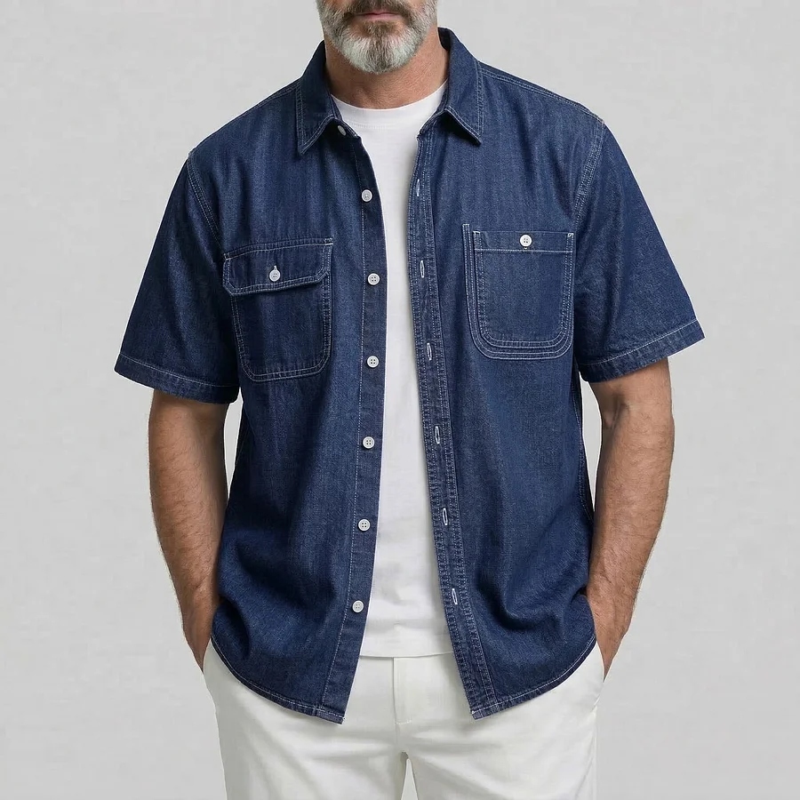 Men's Solid Flap Pocket Button Up Short Sleeve Denim Shirt